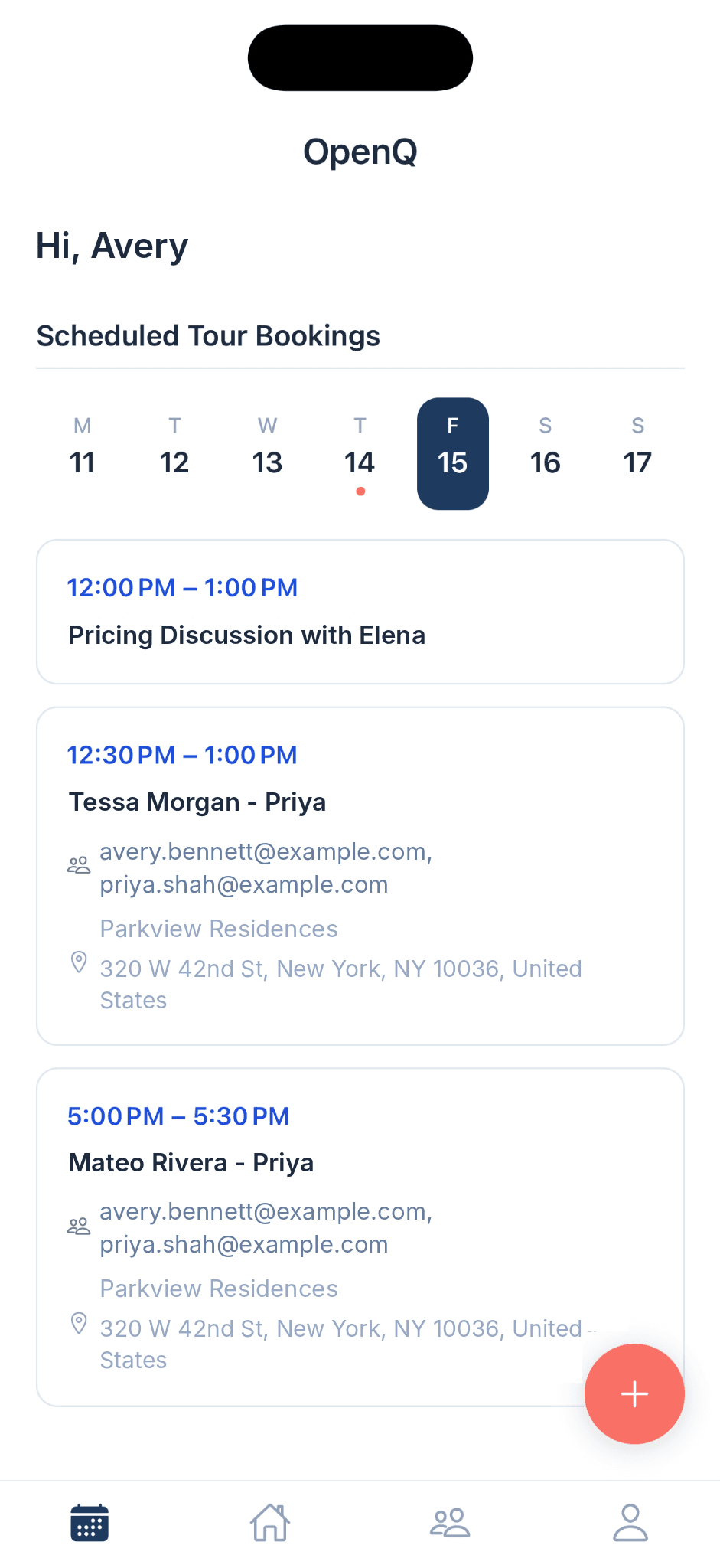 OpenQ scheduled tour bookings calendar
