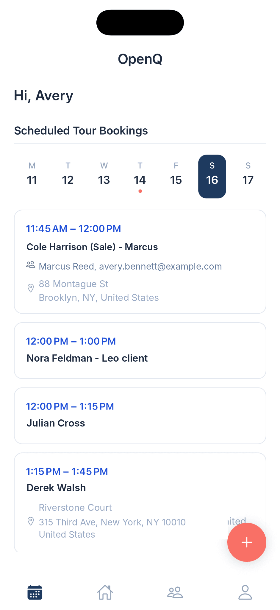OpenQ scheduled tour bookings for Saturday
