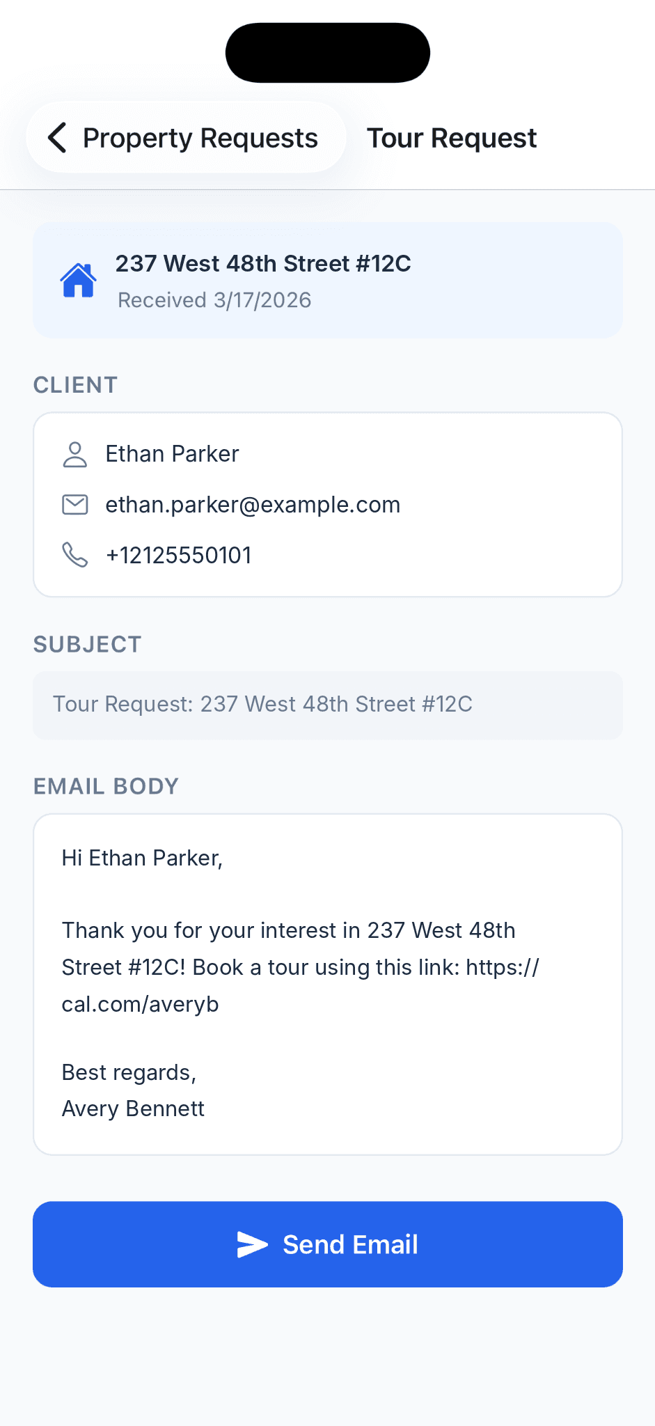 OpenQ tour request email composer