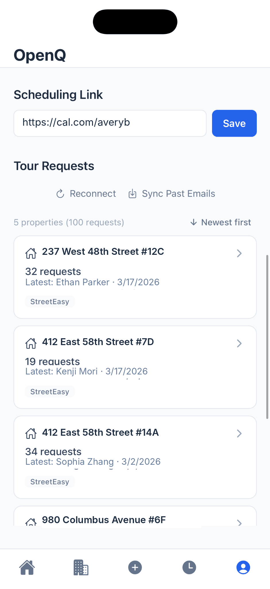 OpenQ tour requests dashboard